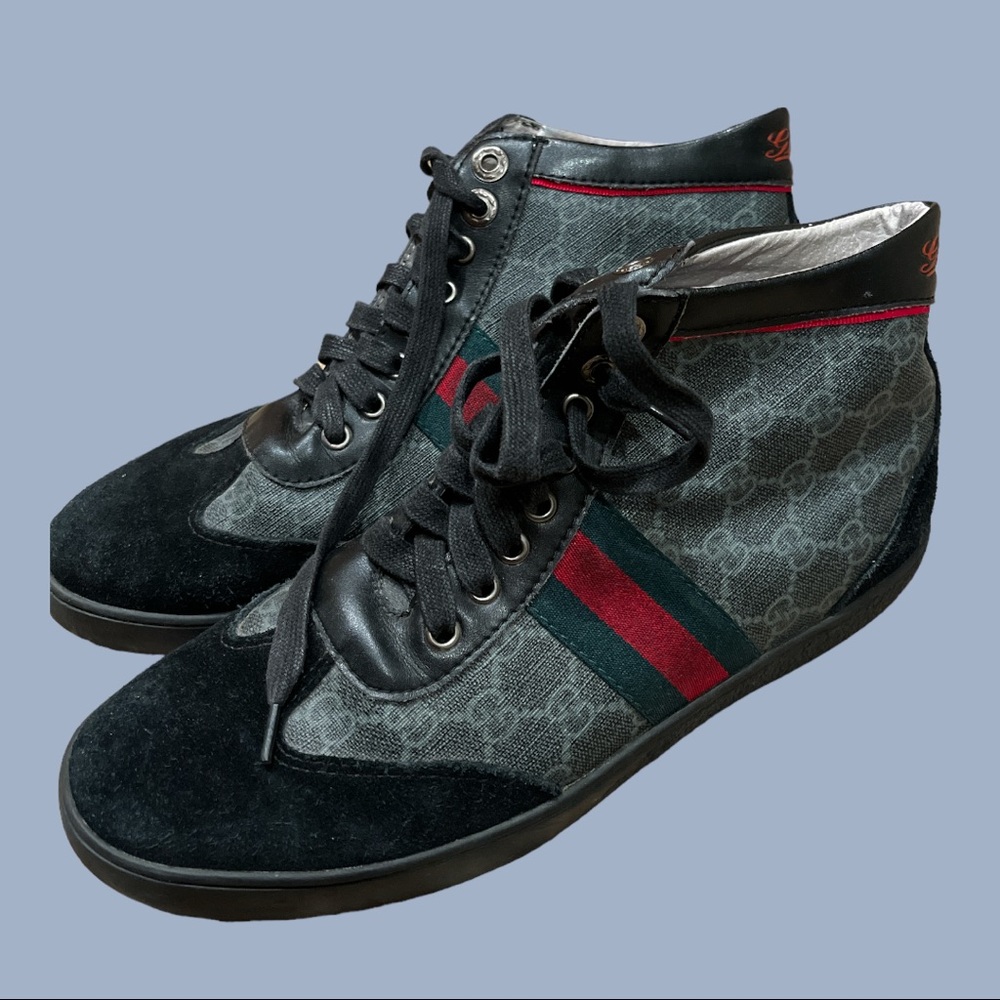 Gucci Mens Logo Hi Top Sneaker Black w Stripe  / sz 43 US 10